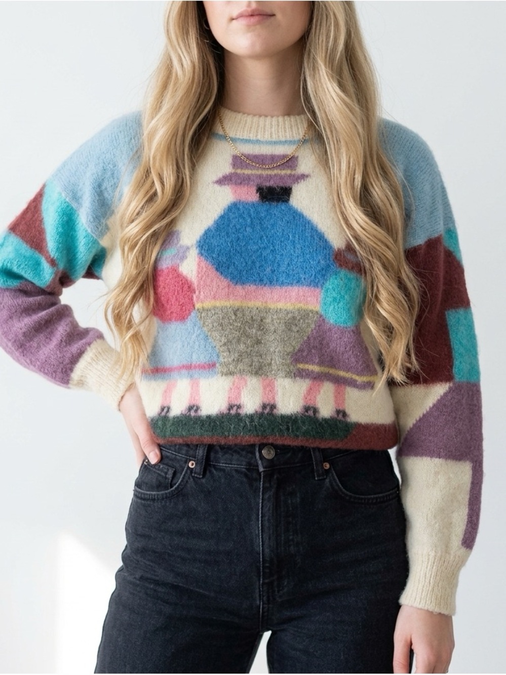 Vintage 80s Peruvian Mohair Blend Sweater | Graphic Knit | Colorblock Crewneck - Picture 2 of 8